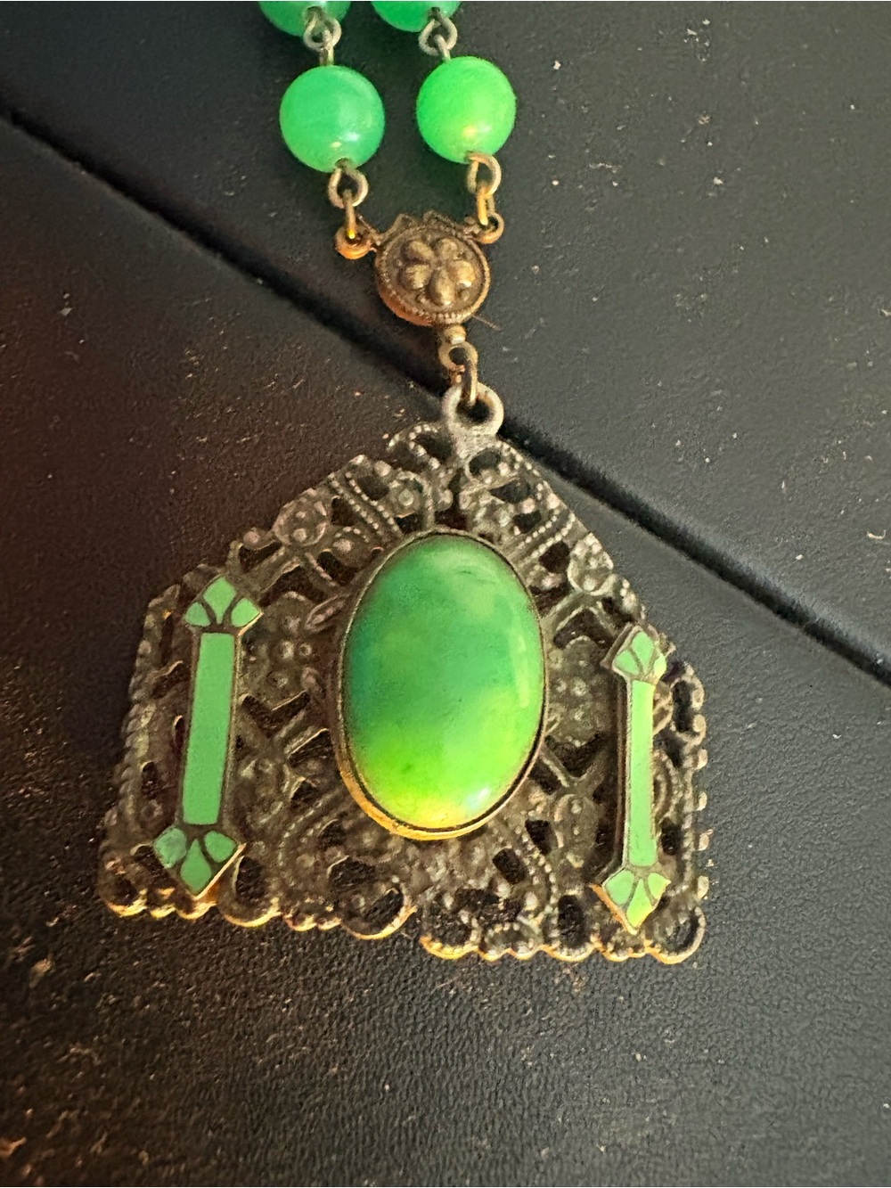 Czech 1920’s Art Deco Green Bead Stone & Enamel Filigree Pendant Necklace 16”